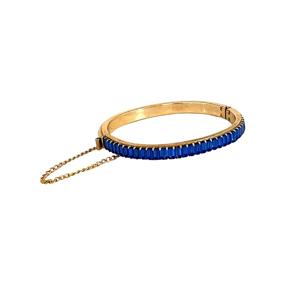 Vintage 1960s Hinged Clamper Bracelet Blue Crystal Baguettes Gold Tone - 15D